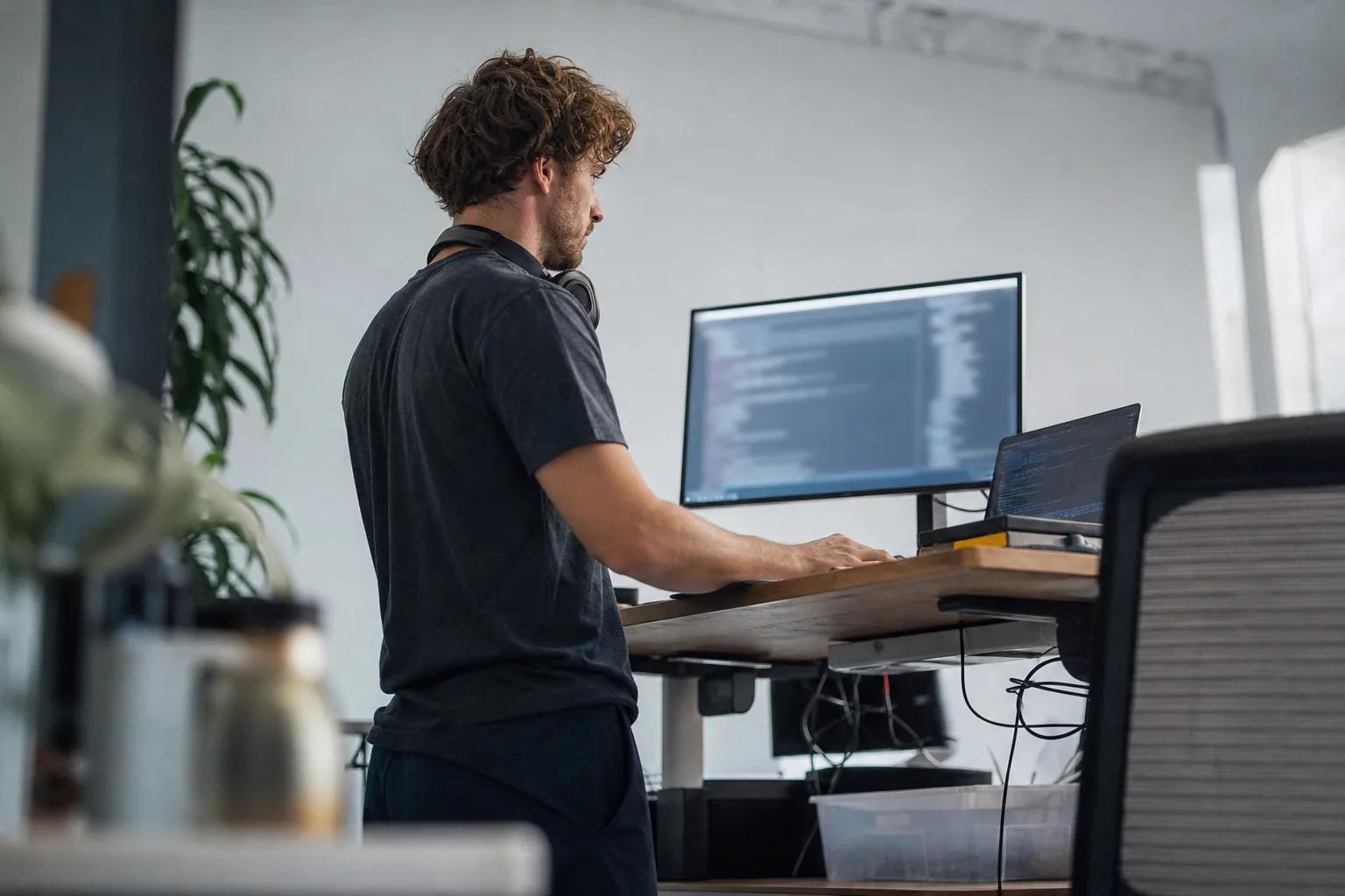 Software engineer at a standing desk wiring an email webhook into an app