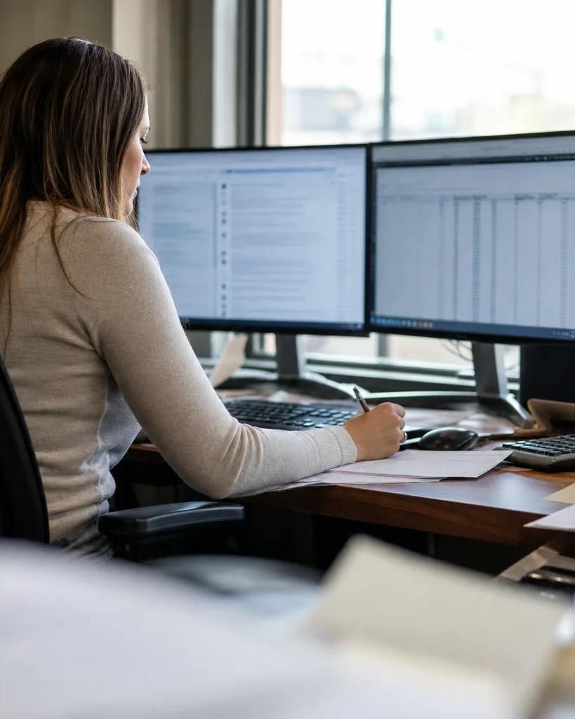 Operations lead at a desk with two monitors reviewing incoming orders
