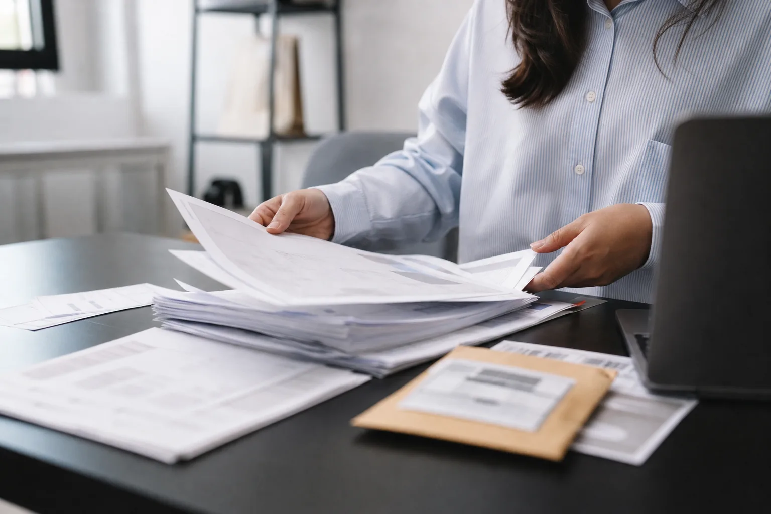 Printed invoices and shipping labels on a desk next to a laptop