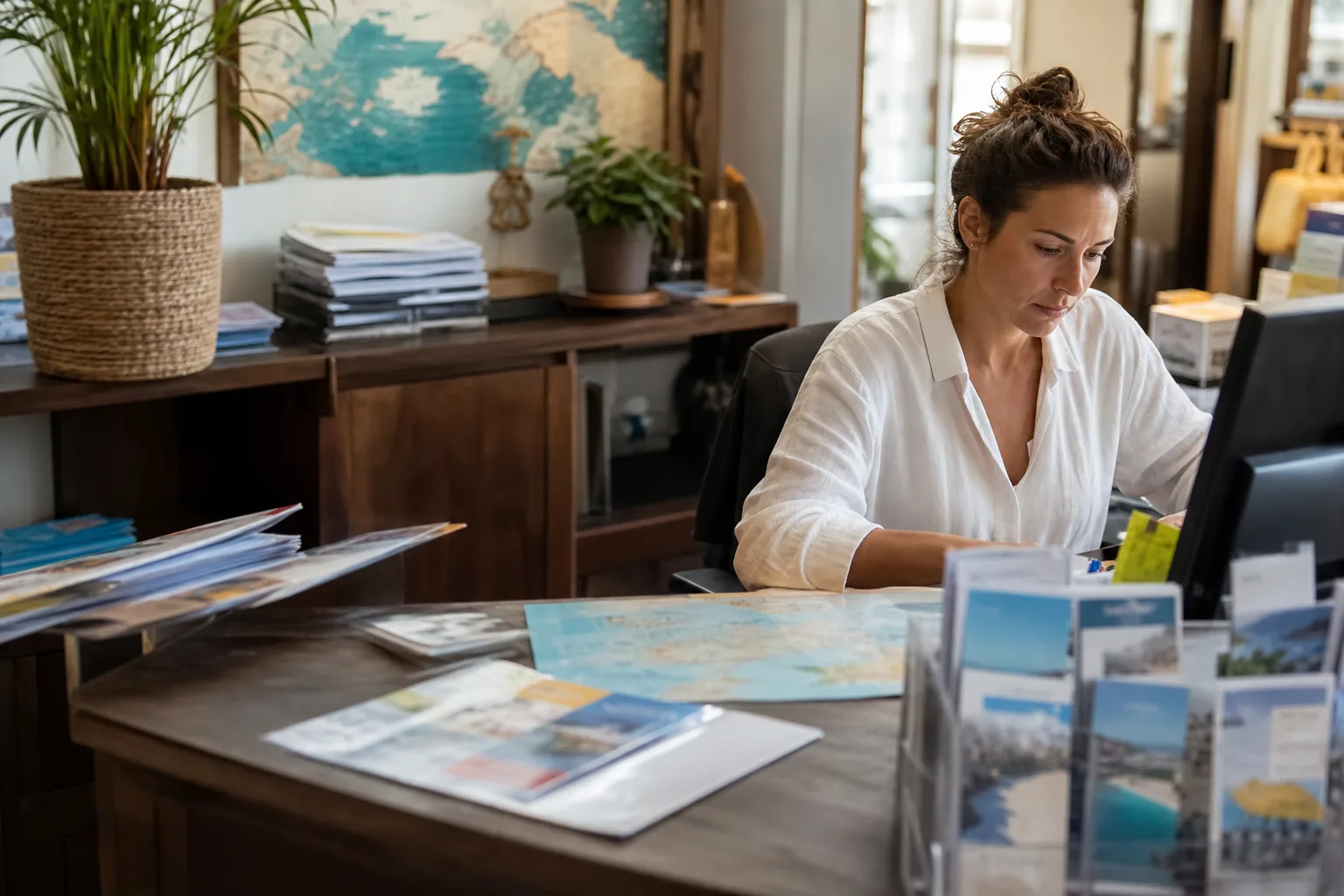 Travel coordinator checking a hotel reservation on a laptop